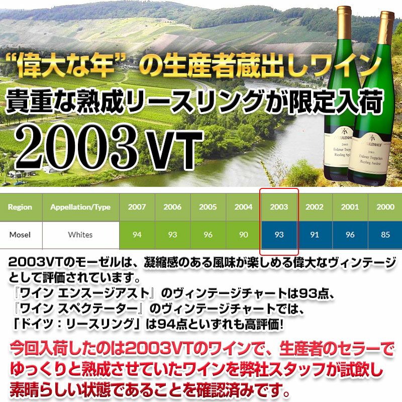 貴重な熟成リースリング、限定入荷！2003年ヴィンテージ【エルデナー 